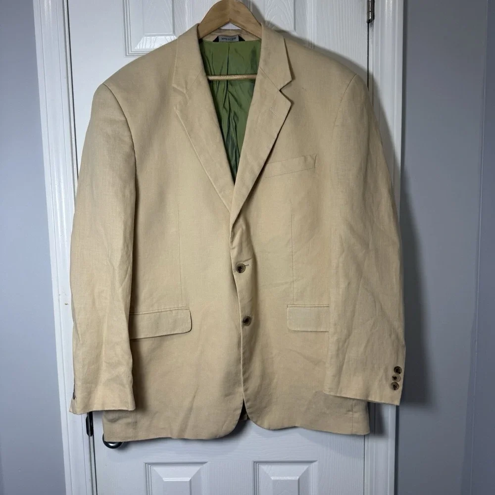 Alan Flusser Men's 100% Linen Two Button Dress Blazer Jacket Beige 44R